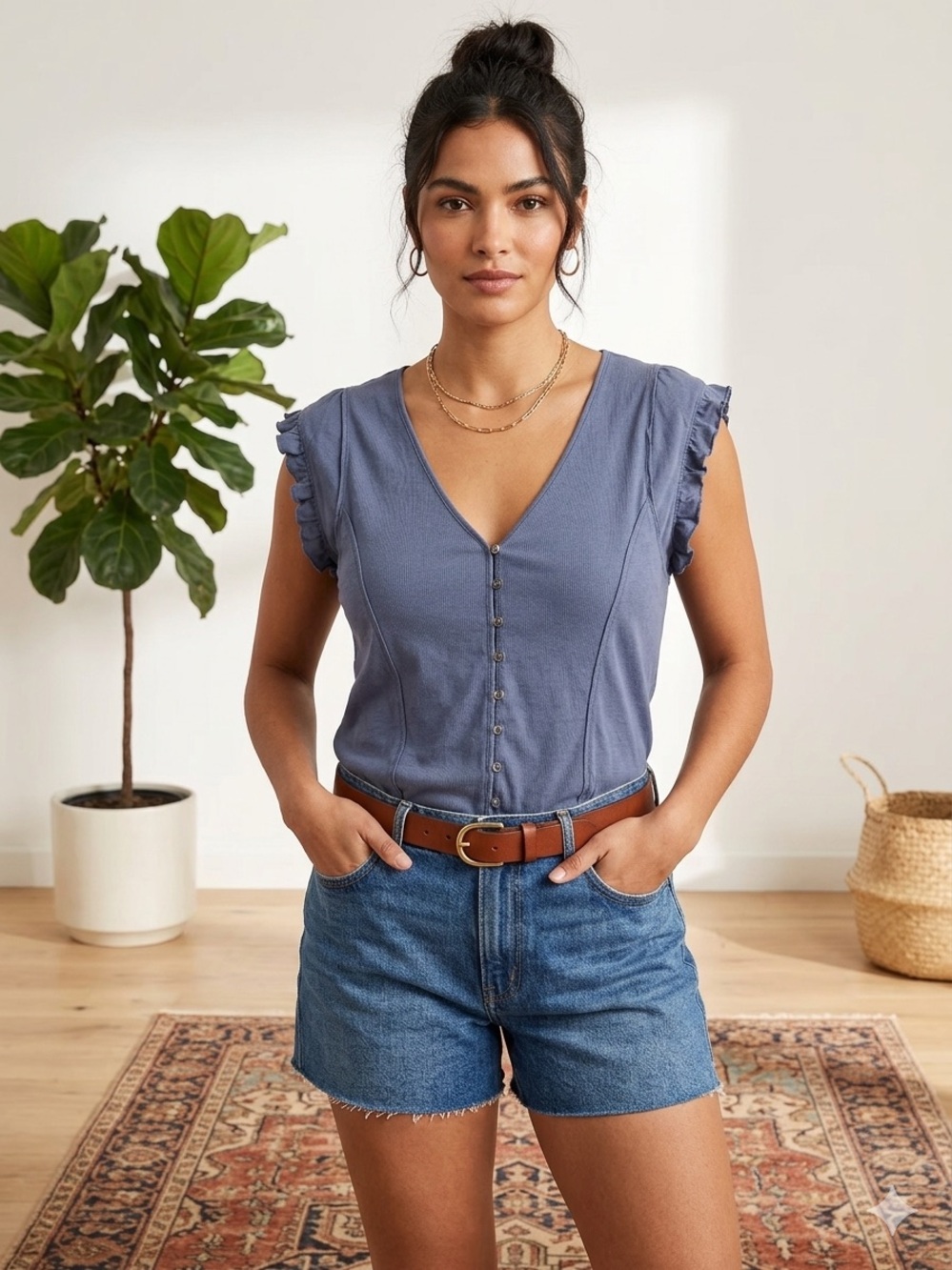 Anthropologie Maeve Cap Ruffle Sleeve Button Up Front Ribbed V Neck Top